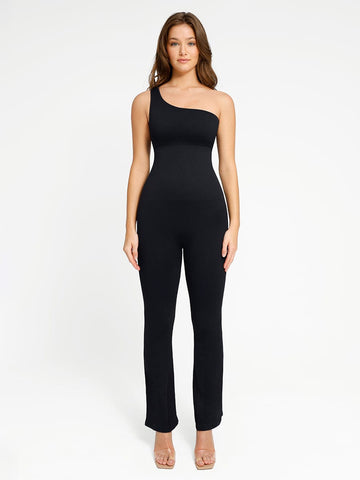 Seamless Sloped Shoulders Shaping Jumpsuit with Flared Legs