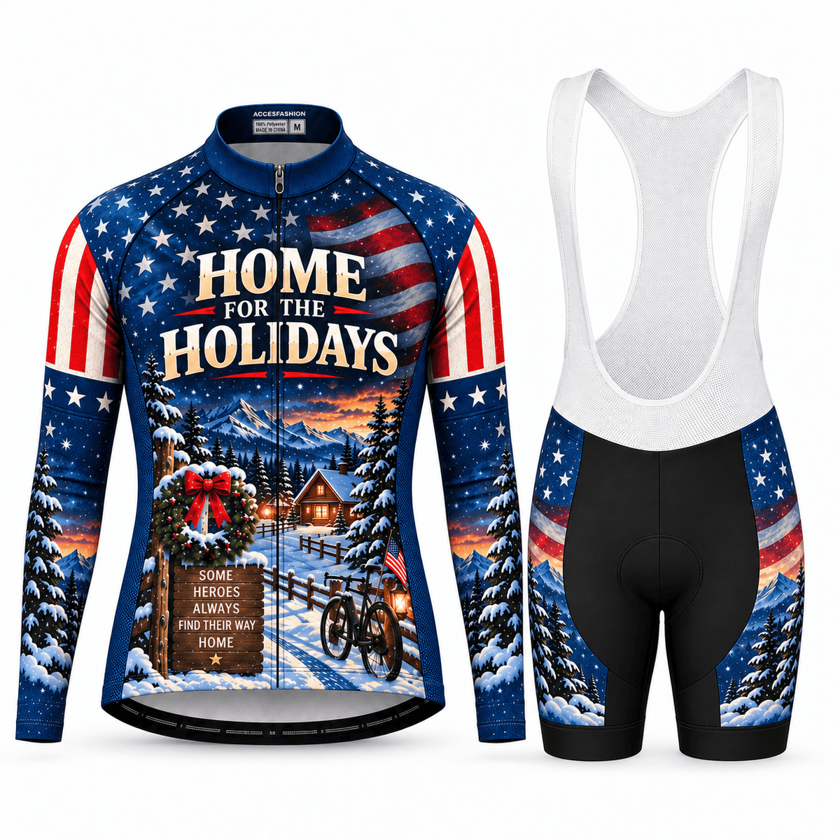 Personalized Army Veteran Home for the Holidays Cycling Jersey & Kit Men Long Sleeve Bib Shorts Kit