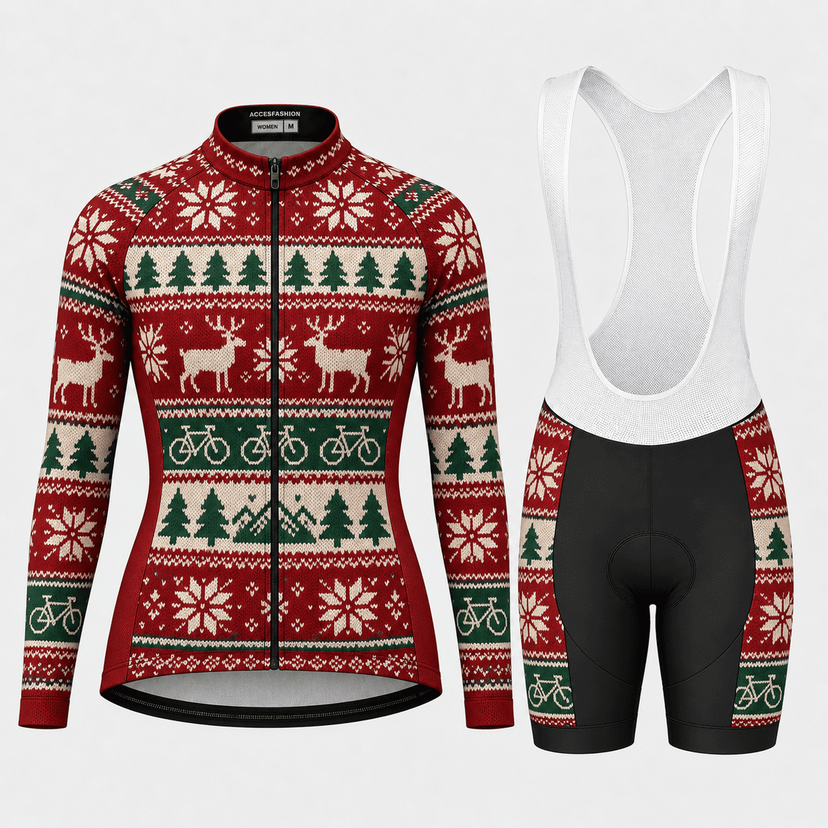 Personalized Christmas Fair Isle Cycling Jersey & Kit Women Long Sleeve Bib Shorts Kit