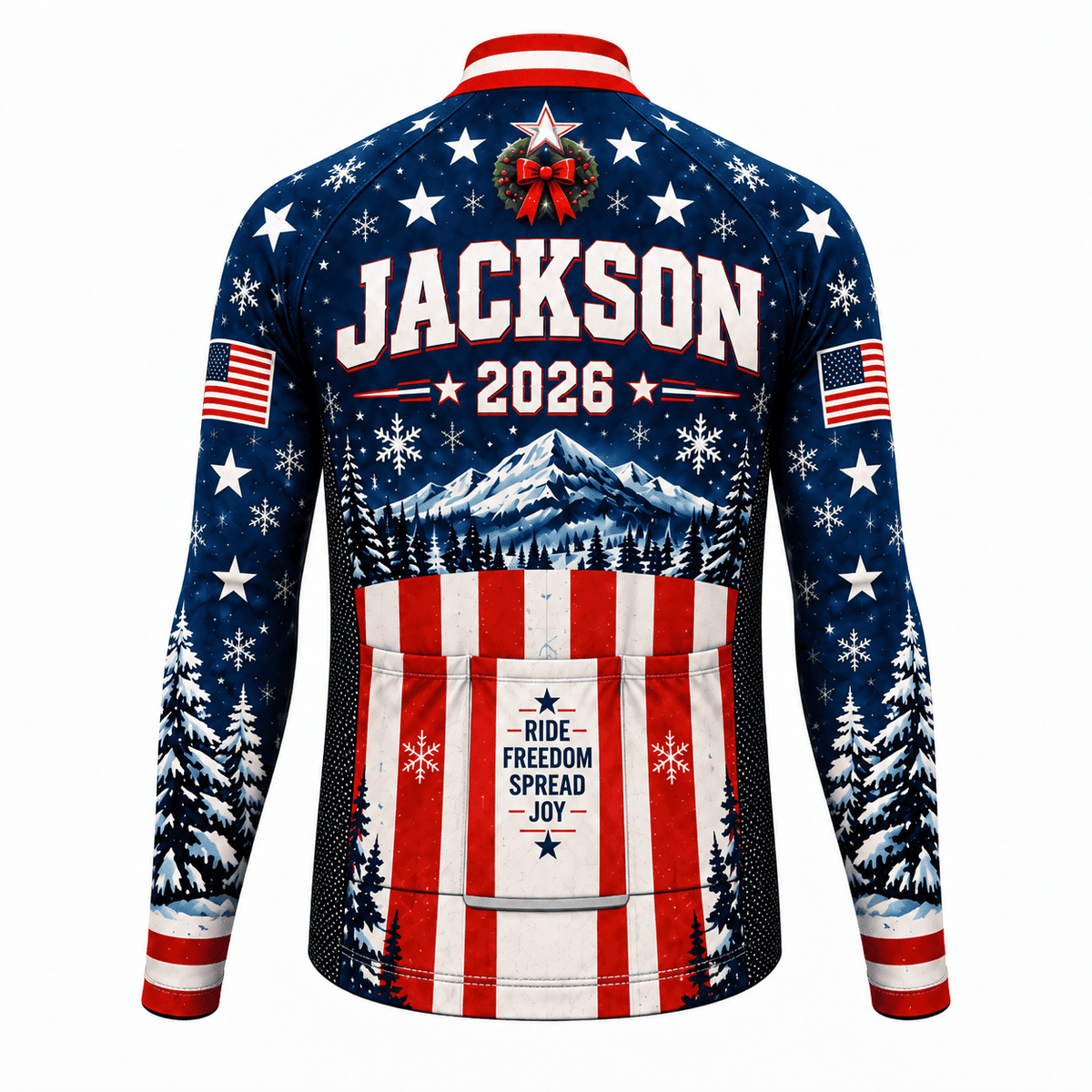 Personalized Merry Christmas America Eagle Cycling Jersey & Kit Back Custom Name Long Sleeve Jersey