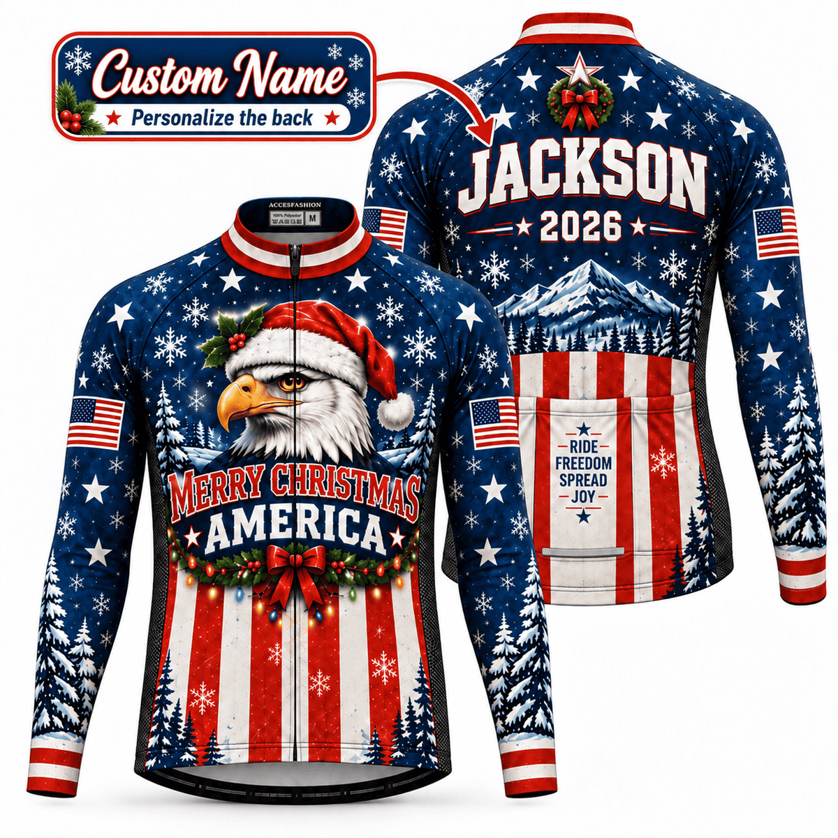 Personalized Merry Christmas America Eagle Cycling Jersey & Kit Custom Name Mockup