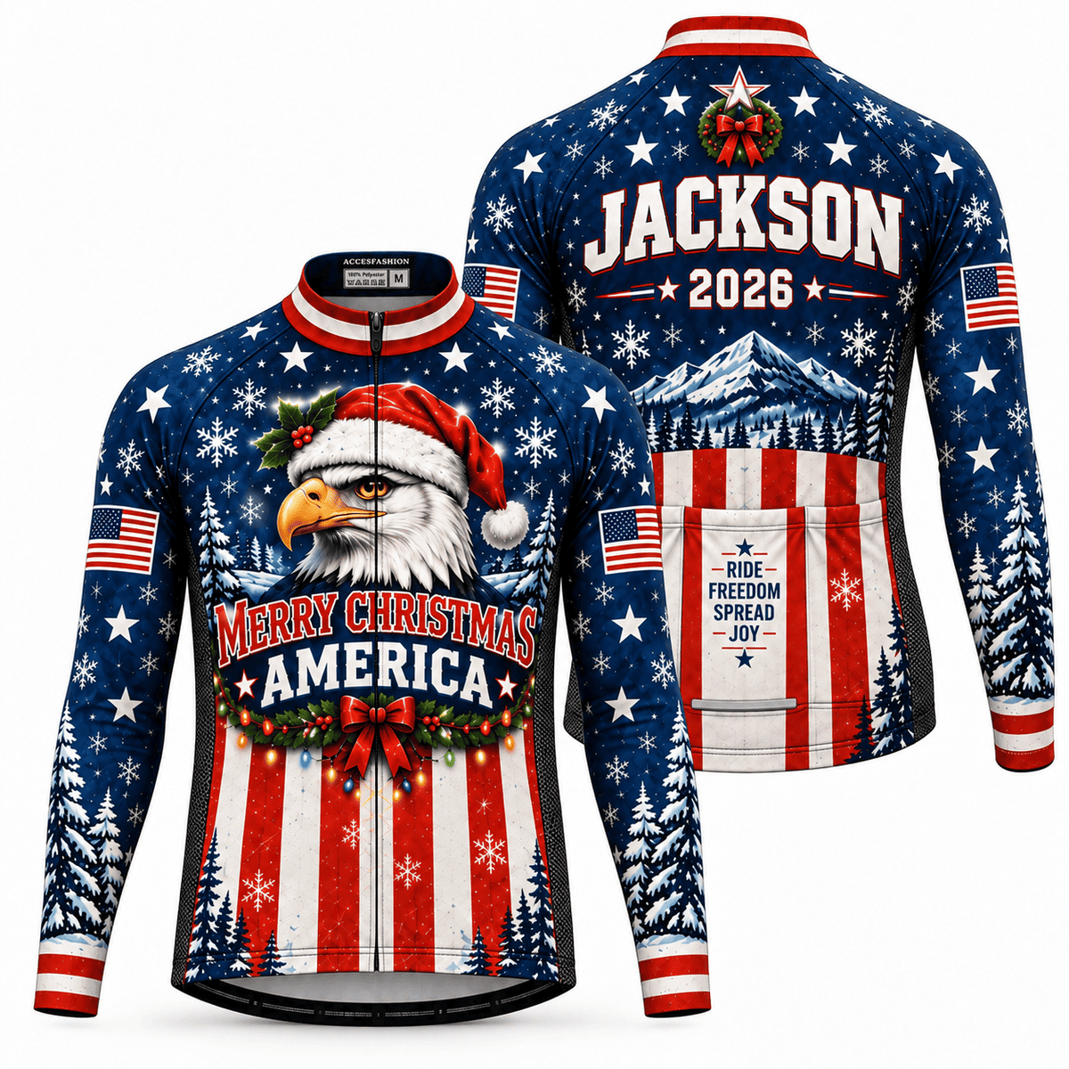 Personalized Merry Christmas America Eagle Cycling Jersey & Kit Front Back Long Sleeve Jersey