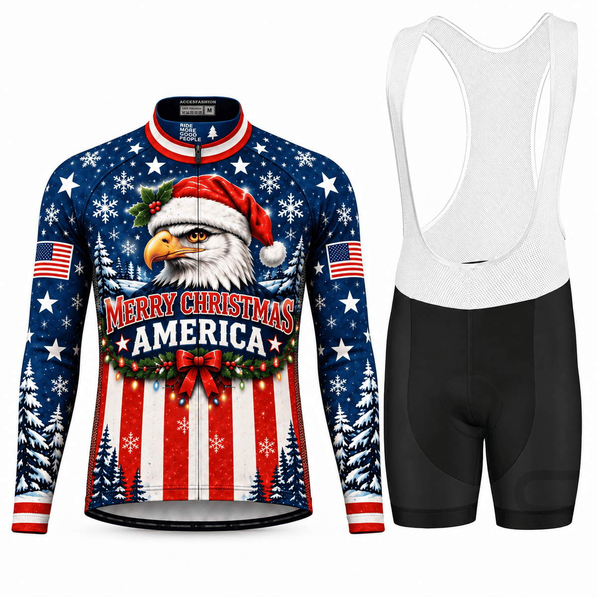 Personalized Merry Christmas America Eagle Cycling Jersey & Kit Men Long Sleeve Bib Shorts Kit