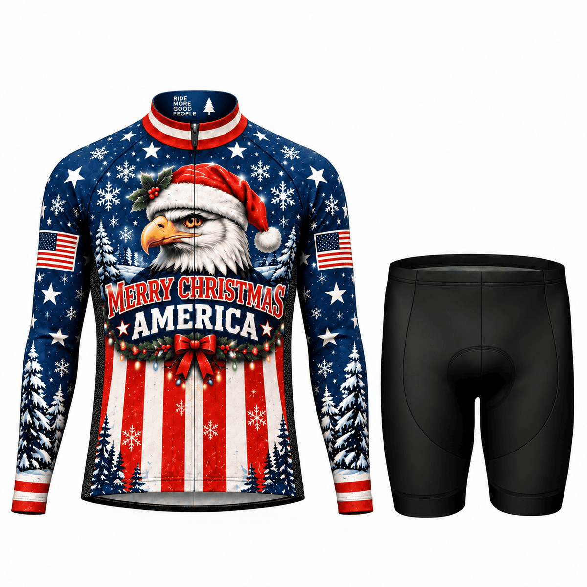Personalized Merry Christmas America Eagle Cycling Jersey & Kit Men Long Sleeve Shorts Kit