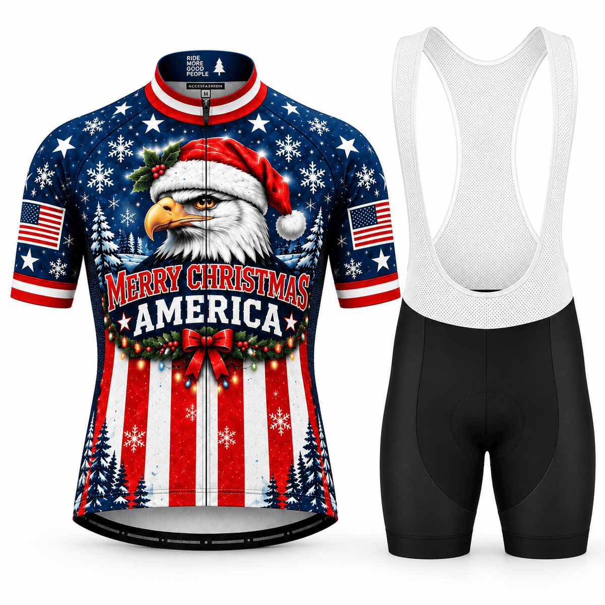 Personalized Merry Christmas America Eagle Cycling Jersey & Kit Men Short Sleeve Bib Shorts Kit