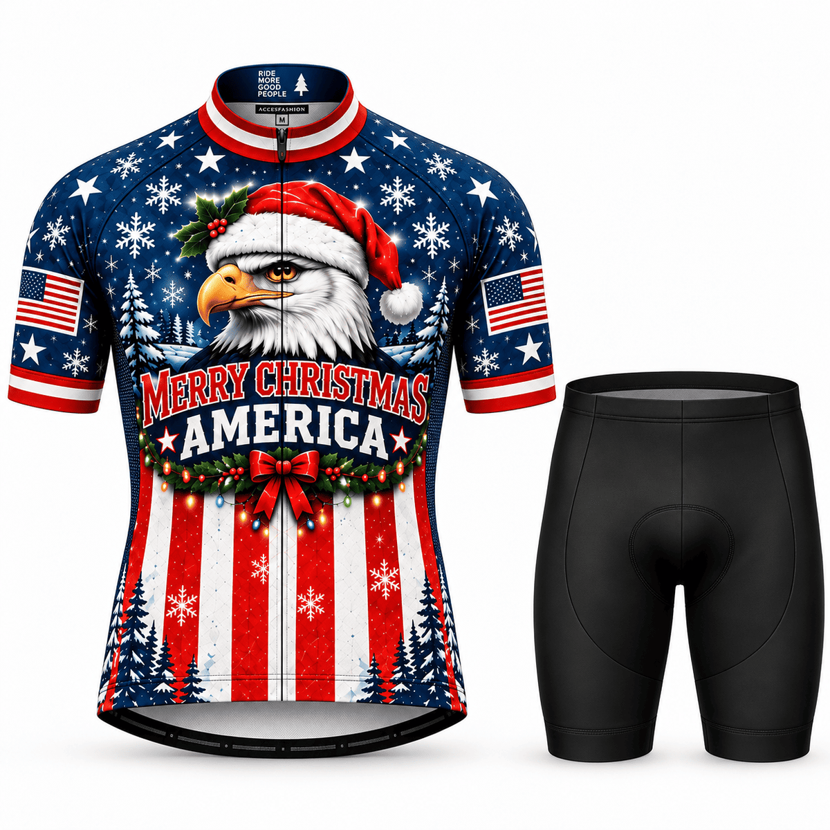Personalized Merry Christmas America Eagle Cycling Jersey & Kit Men Short Sleeve Shorts Kit