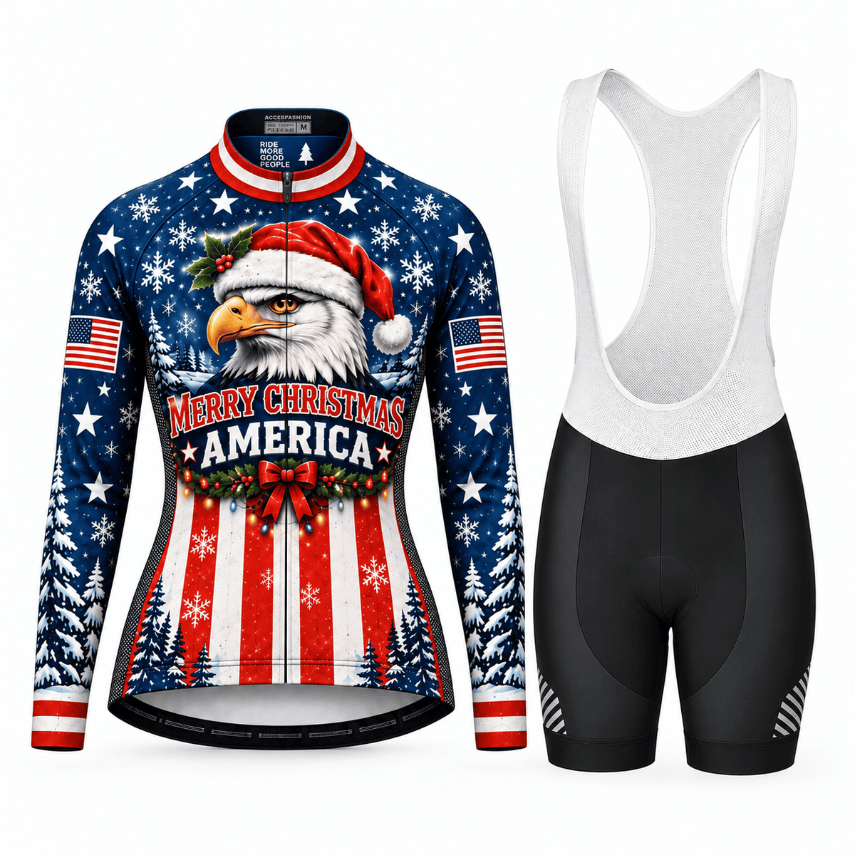 Personalized Merry Christmas America Eagle Cycling Jersey & Kit Women Long Sleeve Bib Shorts Kit