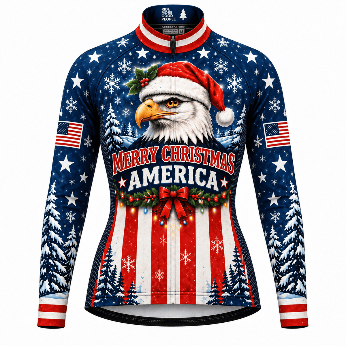 Personalized Merry Christmas America Eagle Cycling Jersey & Kit Women Long Sleeve Front Jersey