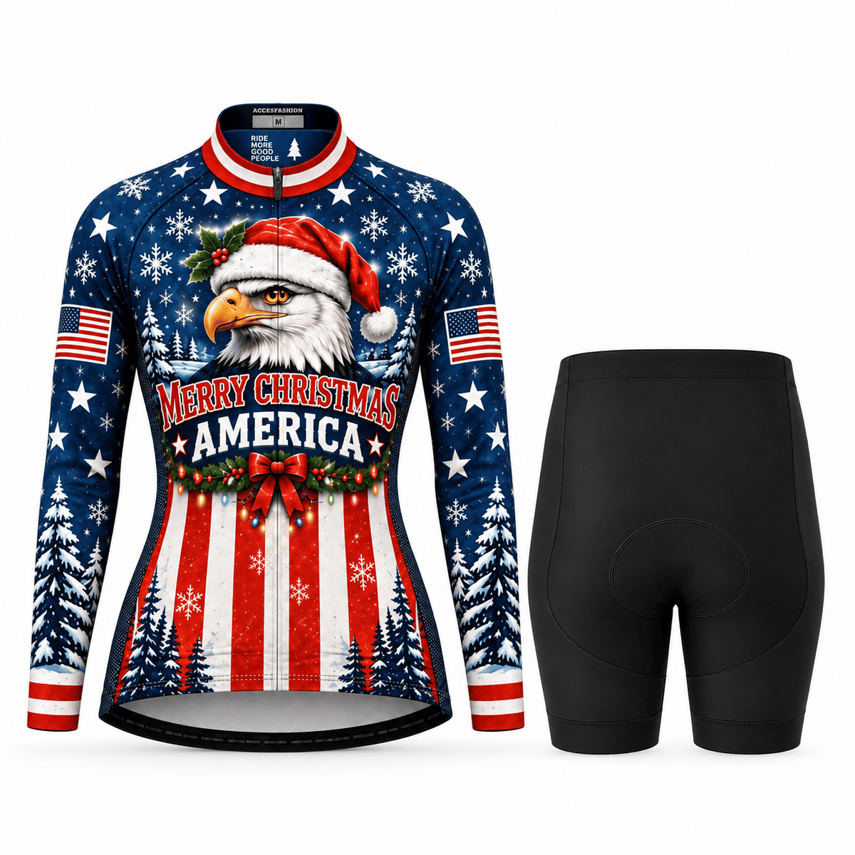 Personalized Merry Christmas America Eagle Cycling Jersey & Kit Women Long Sleeve Shorts Kit