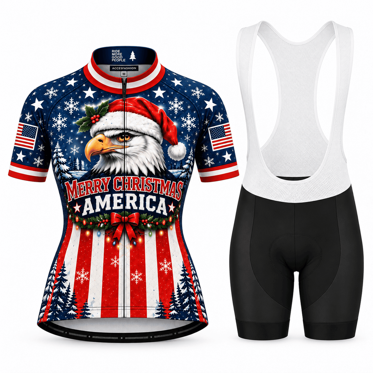 Personalized Merry Christmas America Eagle Cycling Jersey & Kit Women Short Sleeve Bib Shorts Kit