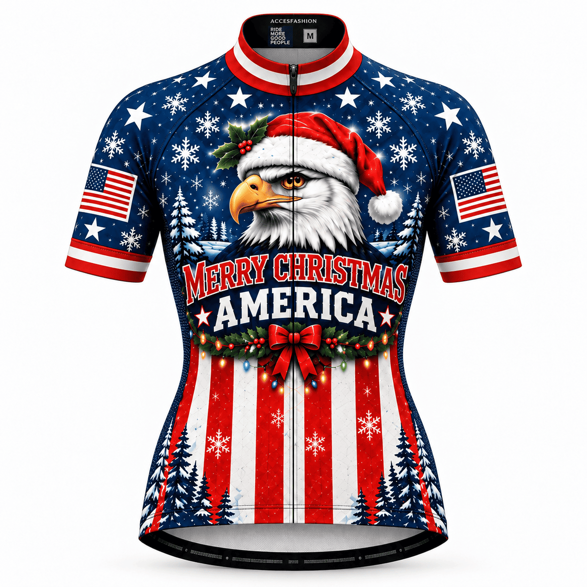 Personalized Merry Christmas America Eagle Cycling Jersey & Kit Women Short Sleeve Front Jersey