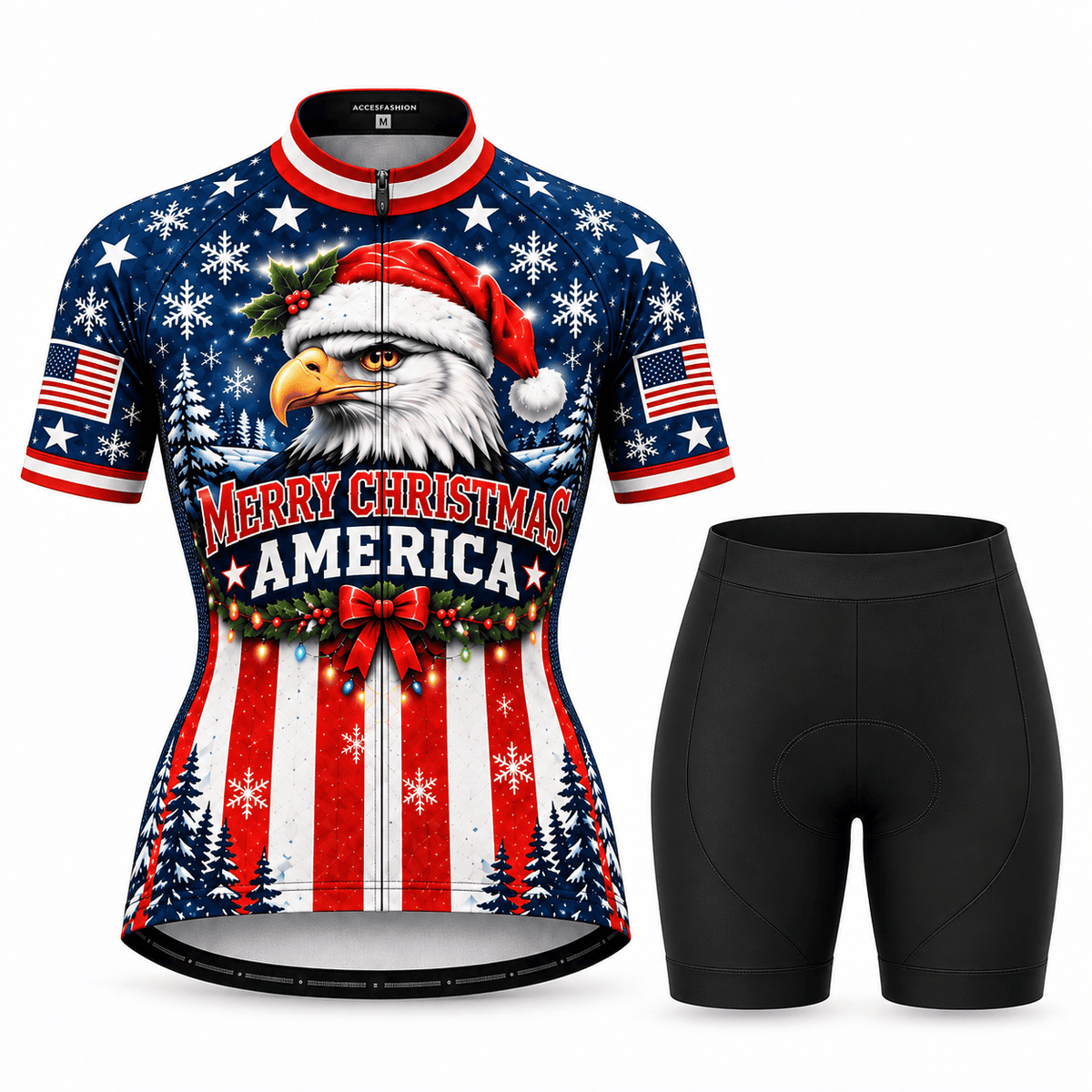 Personalized Merry Christmas America Eagle Cycling Jersey & Kit Women Short Sleeve Shorts Kit