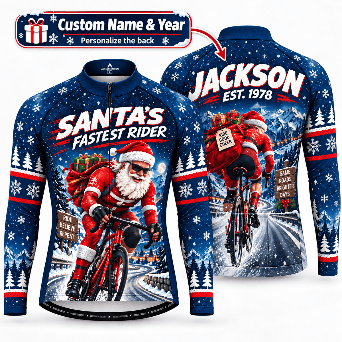 Personalized Santa's Fastest Rider Christmas Cycling Jersey & Kit Custom Name Mockup