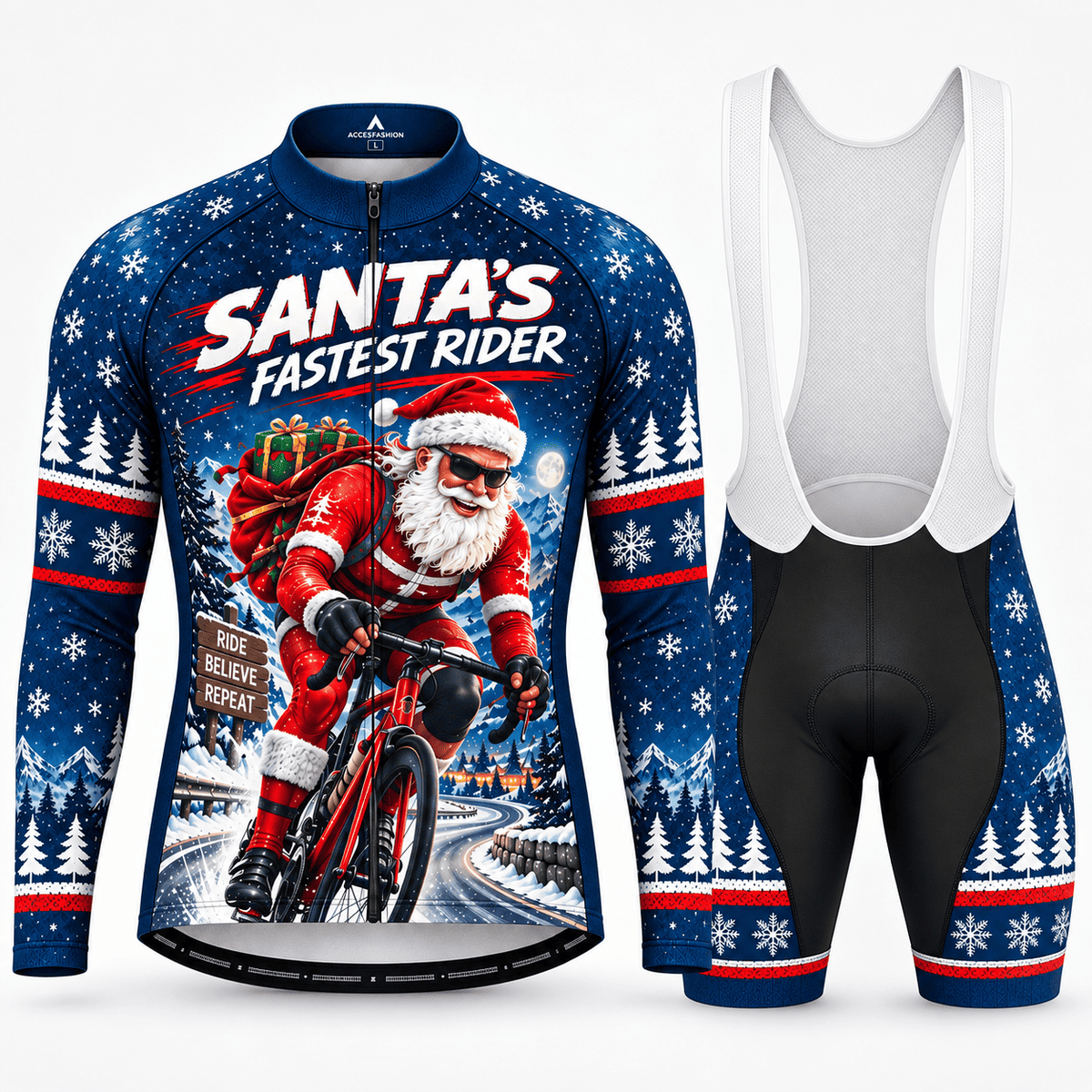 Personalized Santa's Fastest Rider Christmas Cycling Jersey & Kit Men Long Sleeve Bib Shorts Kit