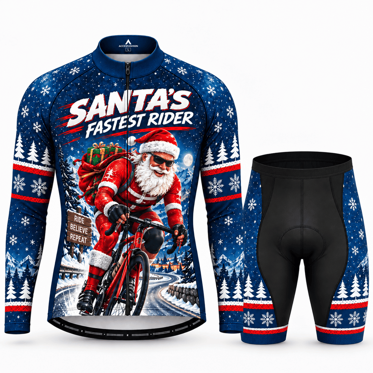 Personalized Santa's Fastest Rider Christmas Cycling Jersey & Kit Men Long Sleeve Shorts Kit