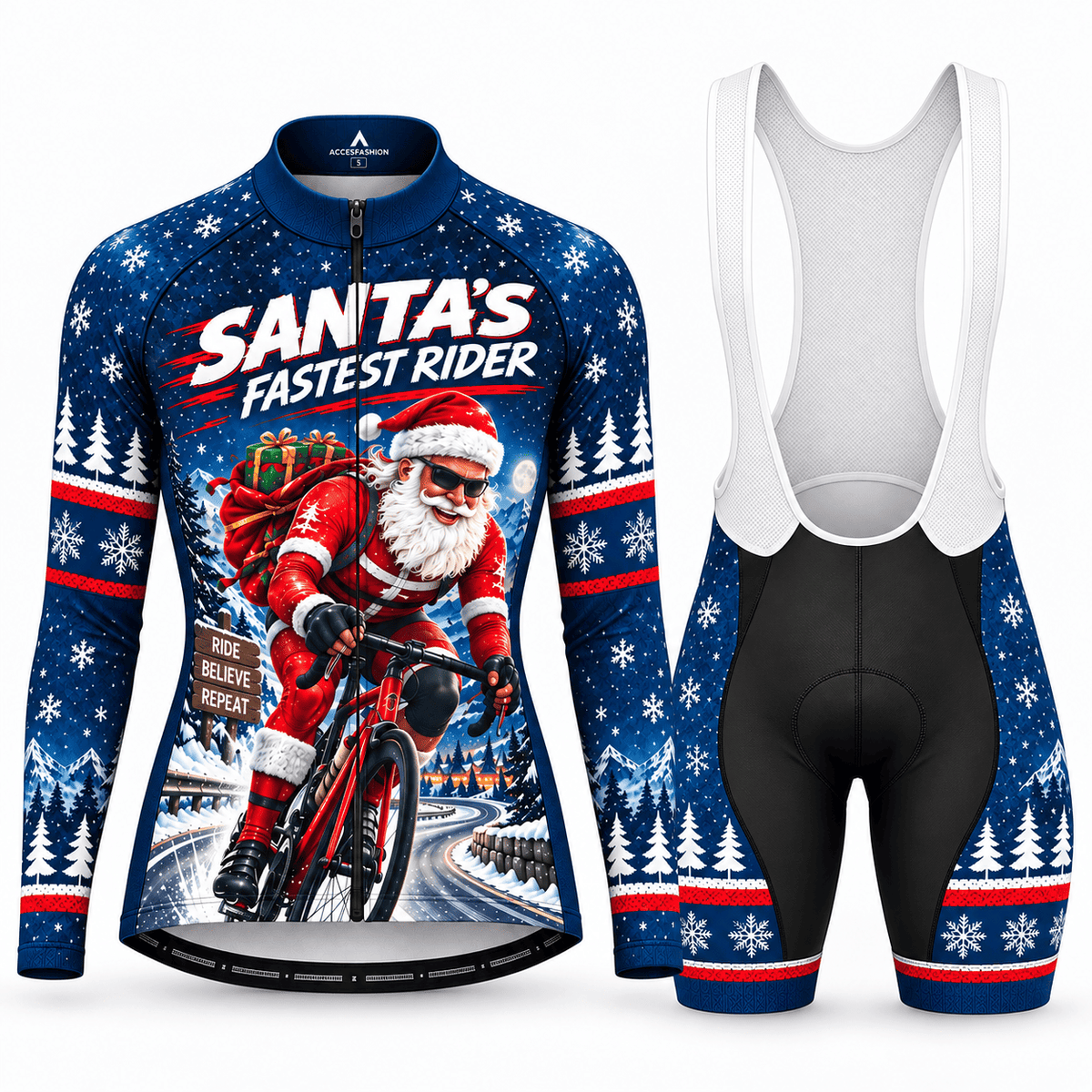 Personalized Santa's Fastest Rider Christmas Cycling Jersey & Kit Women Long Sleeve Bib Shorts Kit
