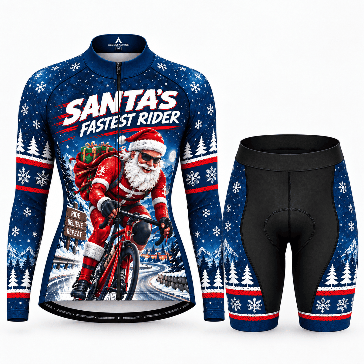 Personalized Santa's Fastest Rider Christmas Cycling Jersey & Kit Women Long Sleeve Shorts Kit