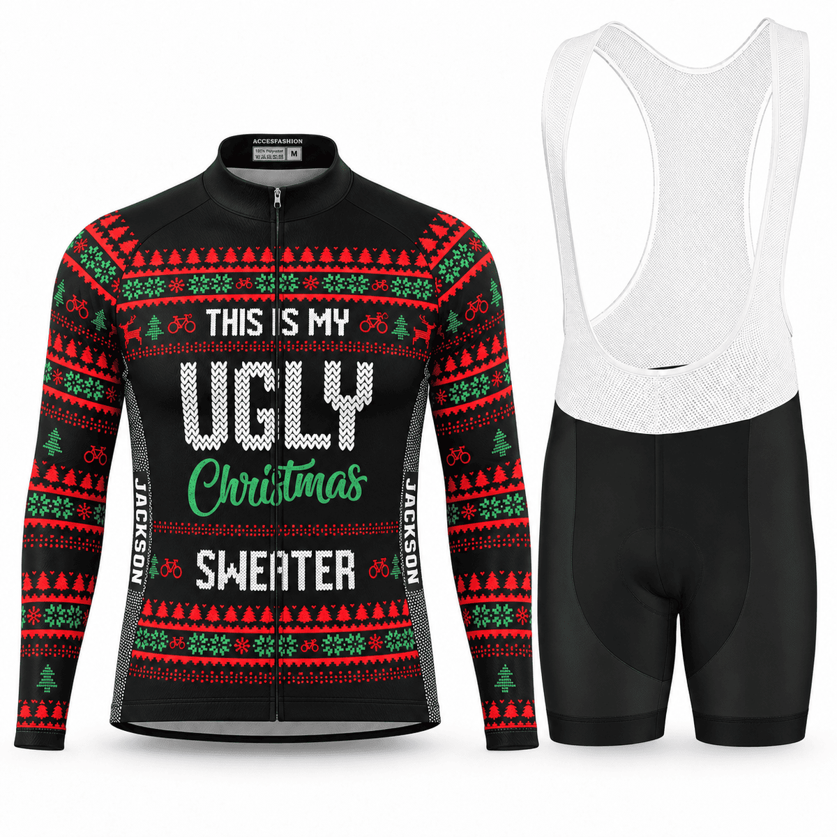 Personalized This Is My Ugly Christmas Sweater Cycling Jersey & Kit Men Long Sleeve Bib Shorts Kit