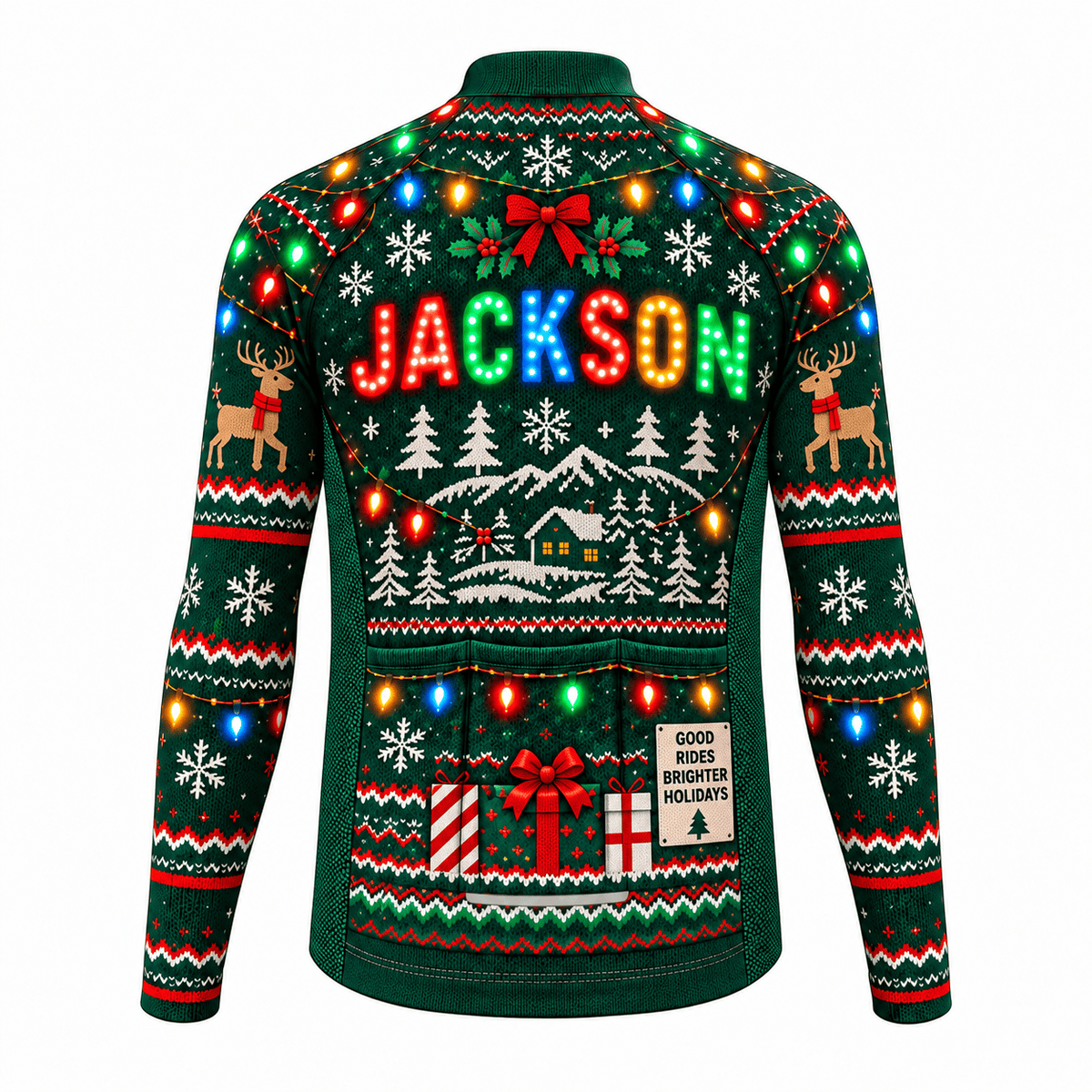 Personalized Ugly Sweater Ride Christmas Cycling Jersey & Kit Back Custom Name Long Sleeve Jersey
