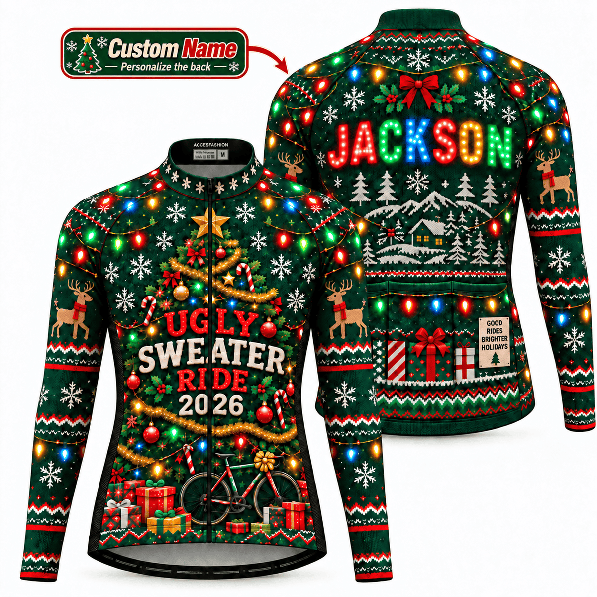 Personalized Ugly Sweater Ride Christmas Cycling Jersey & Kit Custom Name Mockup