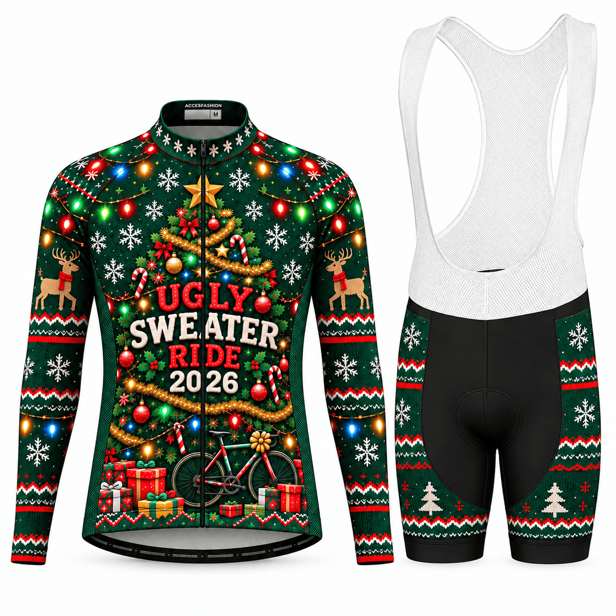 Personalized Ugly Sweater Ride Christmas Cycling Jersey & Kit Men Long Sleeve Bib Shorts Kit