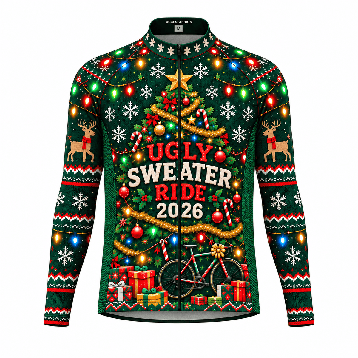 Personalized Ugly Sweater Ride Christmas Cycling Jersey & Kit Men Long Sleeve Front Jersey