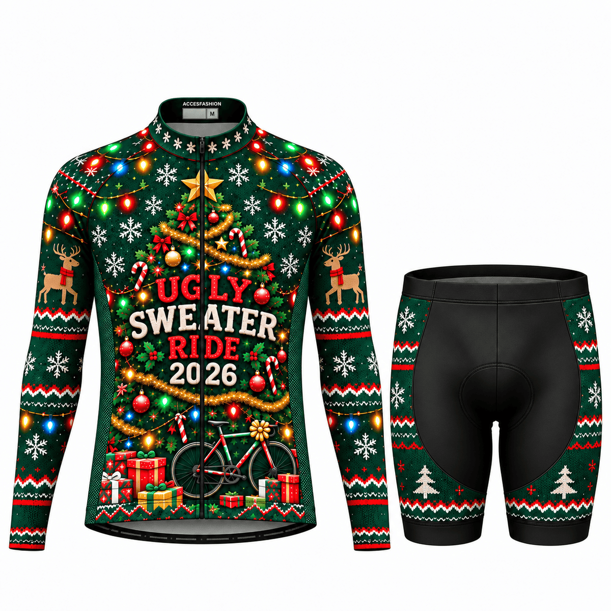 Personalized Ugly Sweater Ride Christmas Cycling Jersey & Kit Men Long Sleeve Shorts Kit