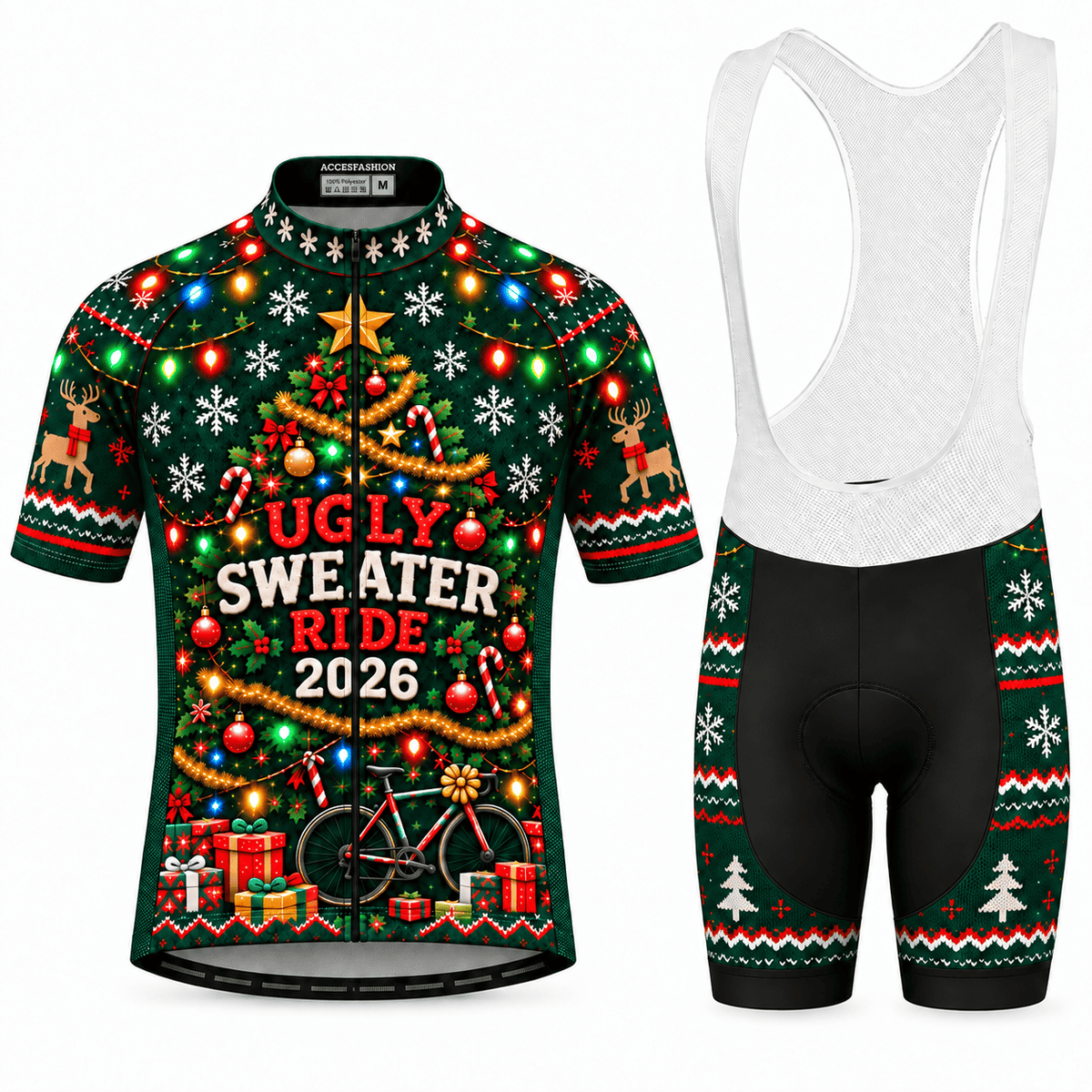 Personalized Ugly Sweater Ride Christmas Cycling Jersey & Kit Men Short Sleeve Bib Shorts Kit