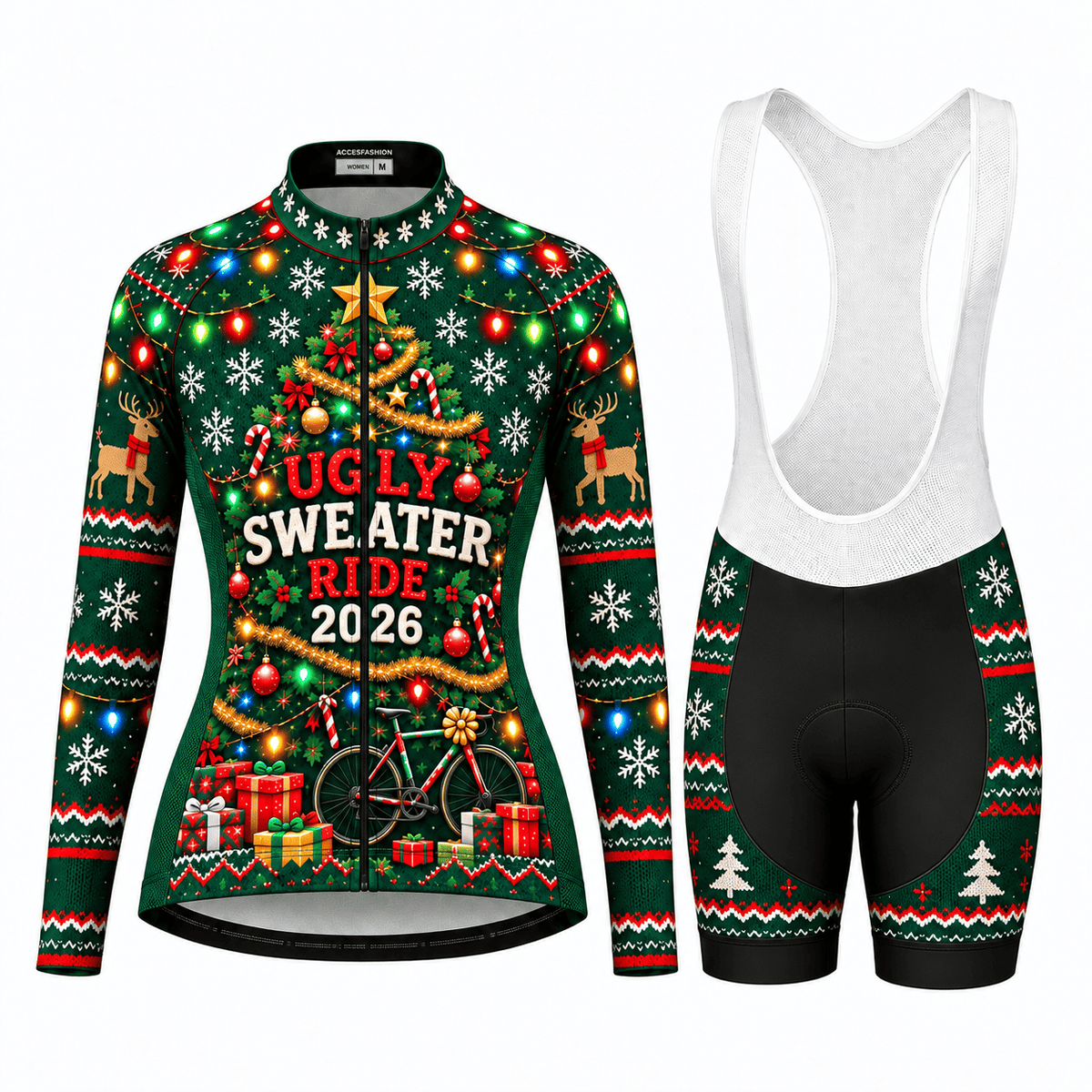 Personalized Ugly Sweater Ride Christmas Cycling Jersey & Kit Women Long Sleeve Bib Shorts Kit