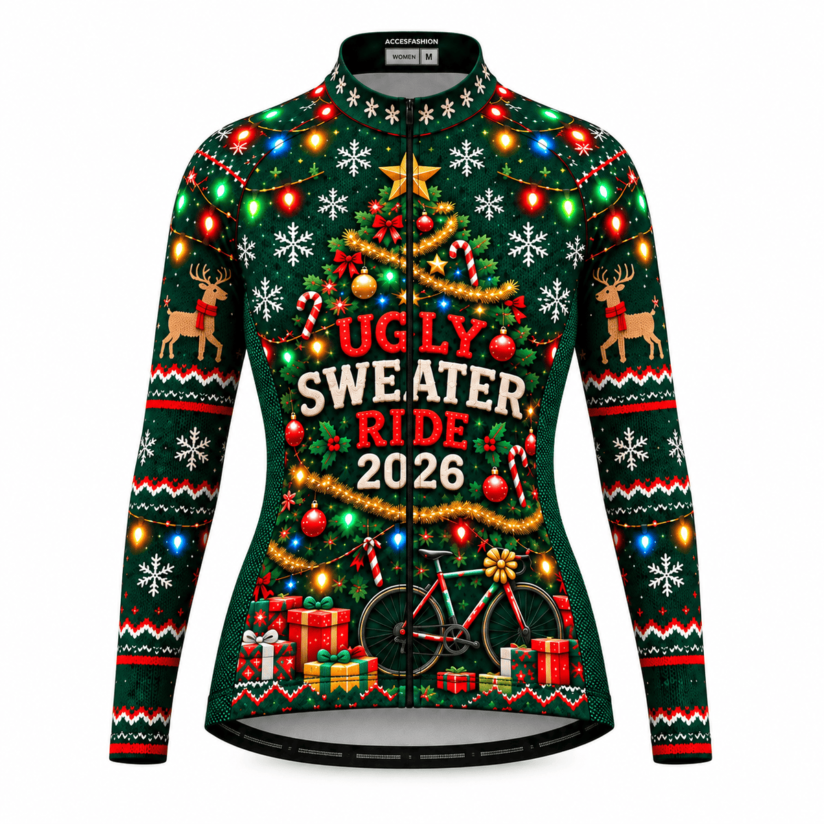 Personalized Ugly Sweater Ride Christmas Cycling Jersey & Kit Women Long Sleeve Front Jersey