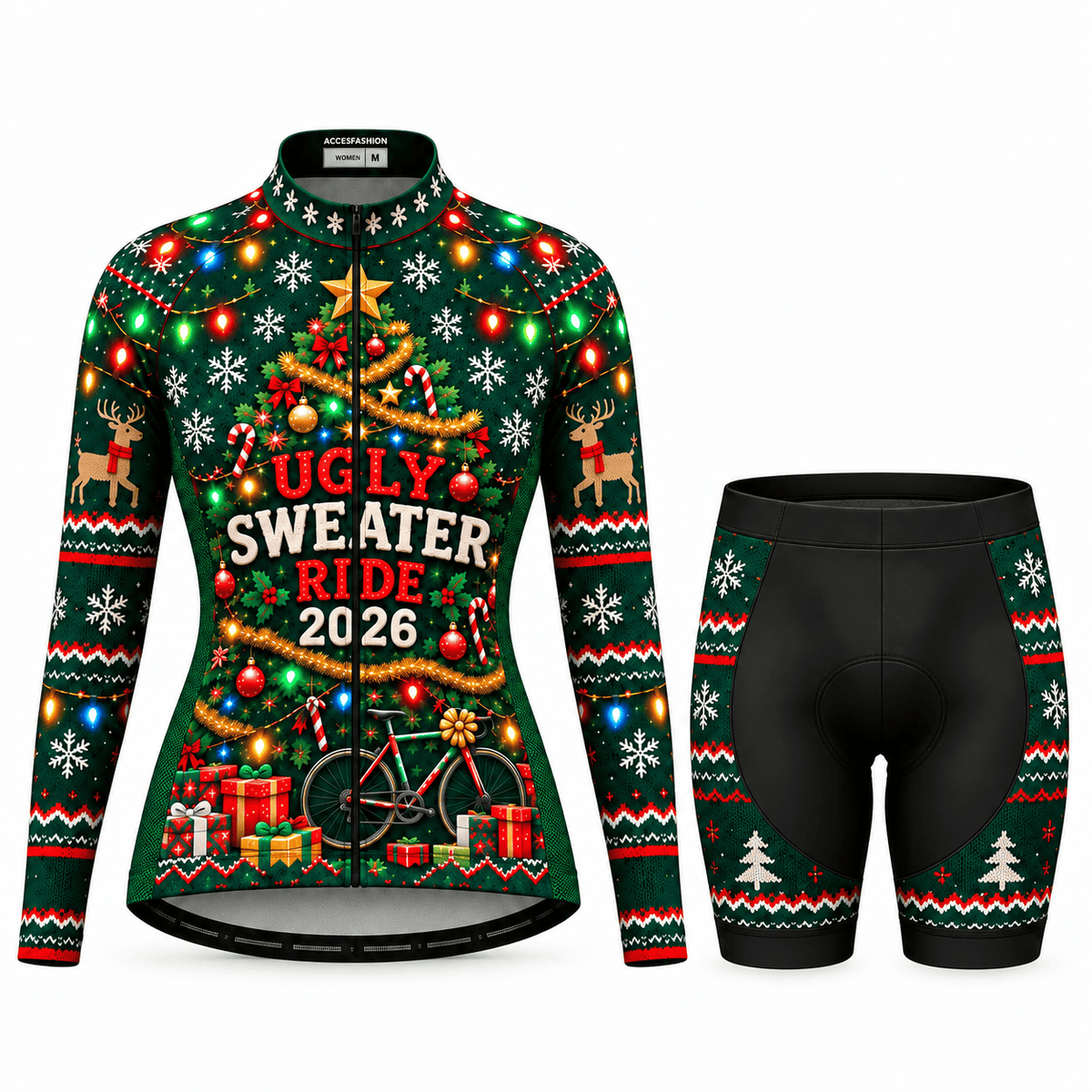 Personalized Ugly Sweater Ride Christmas Cycling Jersey & Kit Women Long Sleeve Shorts Kit