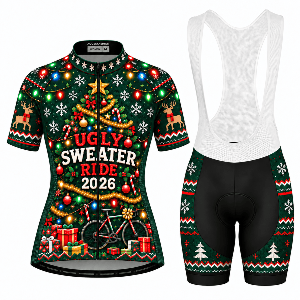 Personalized Ugly Sweater Ride Christmas Cycling Jersey & Kit Women Short Sleeve Bib Shorts Kit