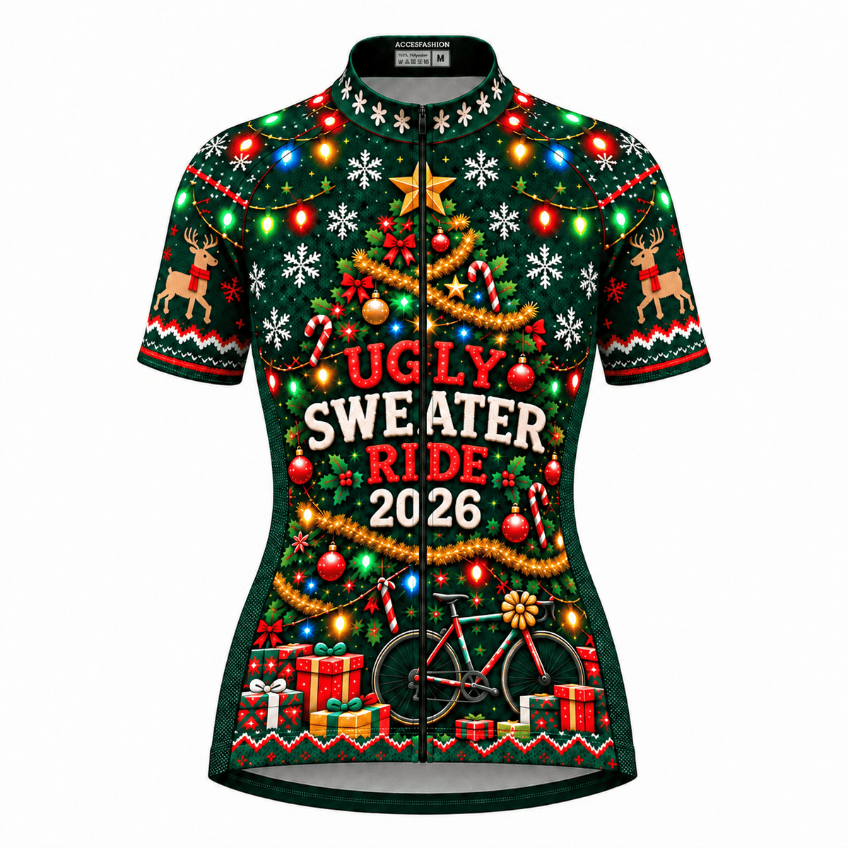 Personalized Ugly Sweater Ride Christmas Cycling Jersey & Kit Women Short Sleeve Front Jersey