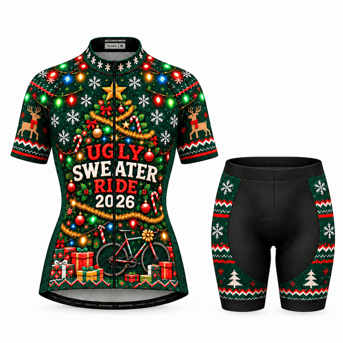 Personalized Ugly Sweater Ride Christmas Cycling Jersey & Kit Women Short Sleeve Shorts Kit