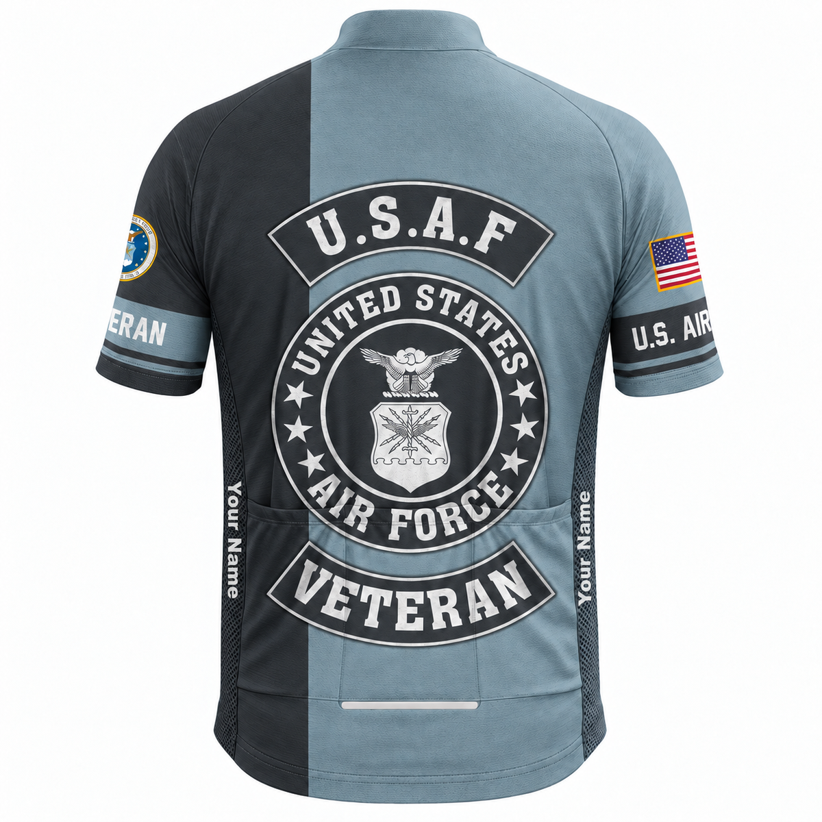 Personalized U.S. Air Force Veteran Proudly Served Cycling Jersey & Kit - Back Jersey