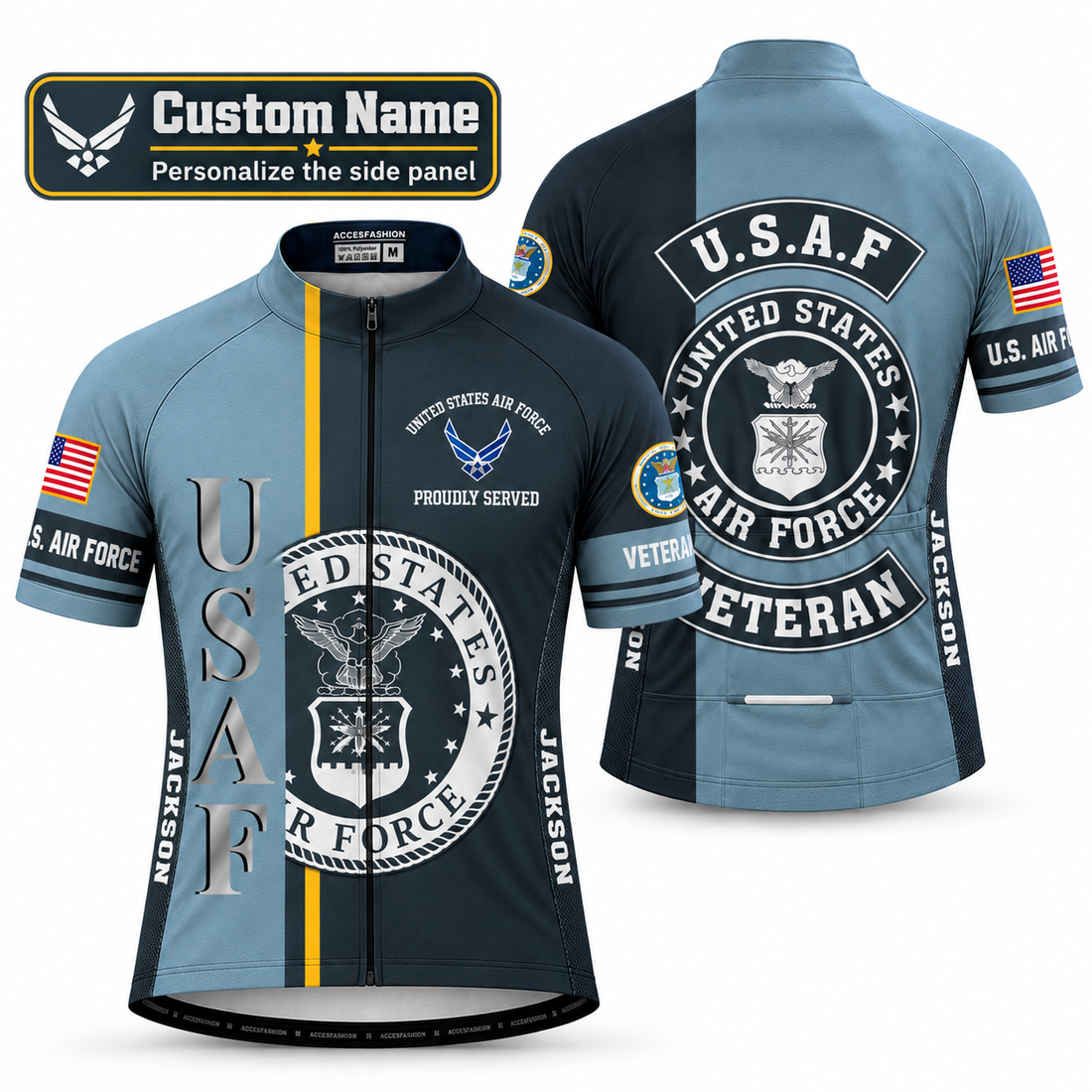 Personalized U.S. Air Force Veteran Proudly Served Cycling Jersey & Kit - Front Back Custom Name Jersey