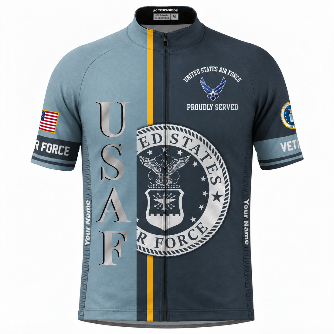 Personalized U.S. Air Force Veteran Proudly Served Cycling Jersey & Kit - Front Back Custom Name Jersey