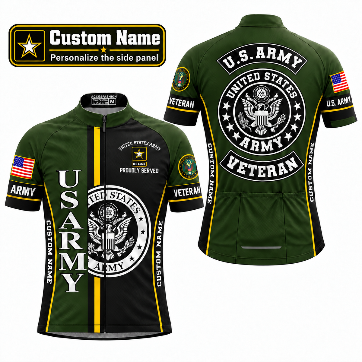 Personalized U.S. Army Veteran Proudly Served Cycling Jersey & Kit - Front Back Custom Name Jersey