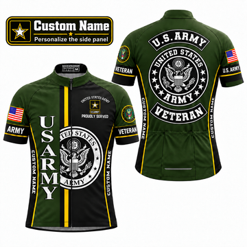 Personalized U.S. Army Veteran Proudly Served Cycling Jersey & Kit - Front Back Custom Name Jersey