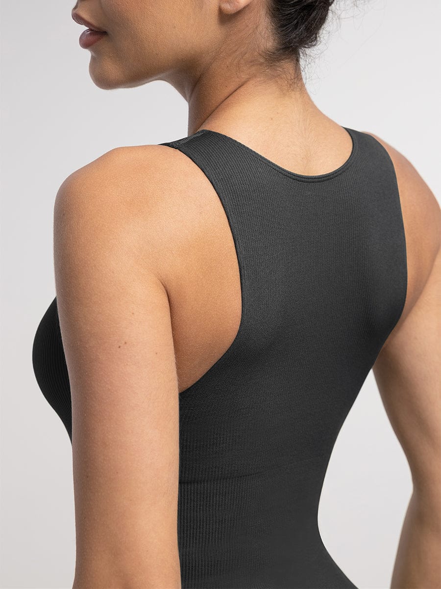 Seamless Ribbed Zip Front Sleeveless Briefs Bodysuit