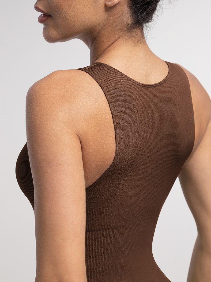 Seamless Ribbed Zip Front Sleeveless Briefs Bodysuit