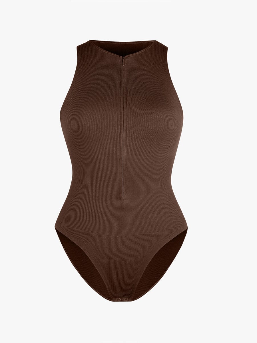 Seamless Ribbed Zip Front Sleeveless Briefs Bodysuit
