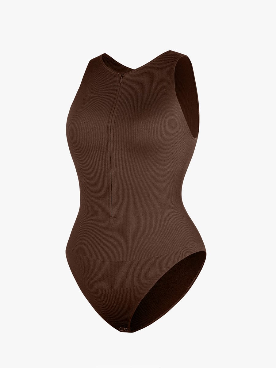 Seamless Ribbed Zip Front Sleeveless Briefs Bodysuit