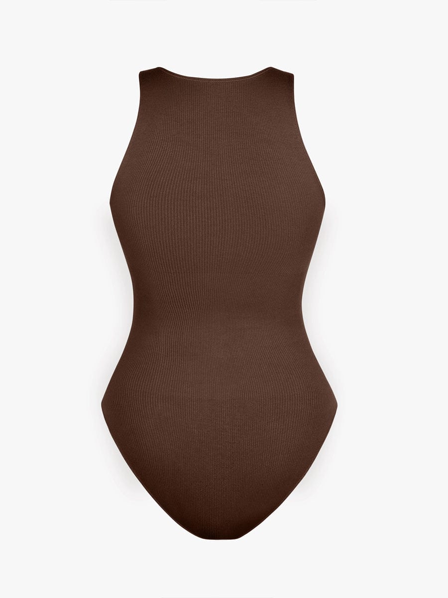 Seamless Ribbed Zip Front Sleeveless Briefs Bodysuit