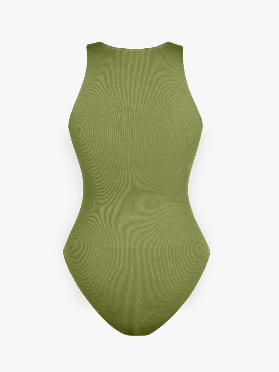 Seamless Ribbed Zip Front Sleeveless Briefs Bodysuit