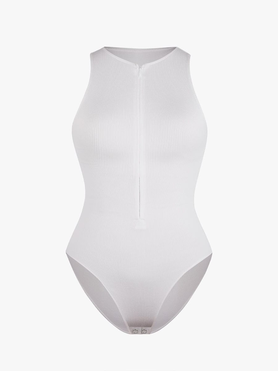 Seamless Ribbed Zip Front Sleeveless Briefs Bodysuit