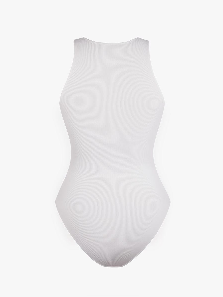 Seamless Ribbed Zip Front Sleeveless Briefs Bodysuit