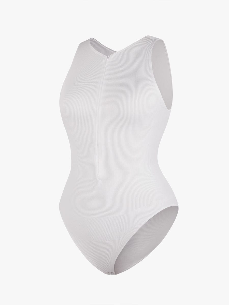 Seamless Ribbed Zip Front Sleeveless Briefs Bodysuit