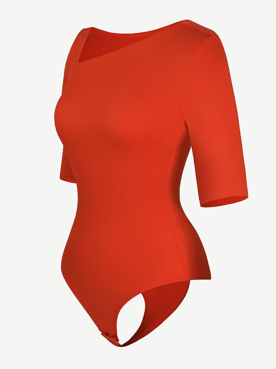 Tank Top Tight Thong Bodysuit With A Slant Cut Collar And Half Sleeves