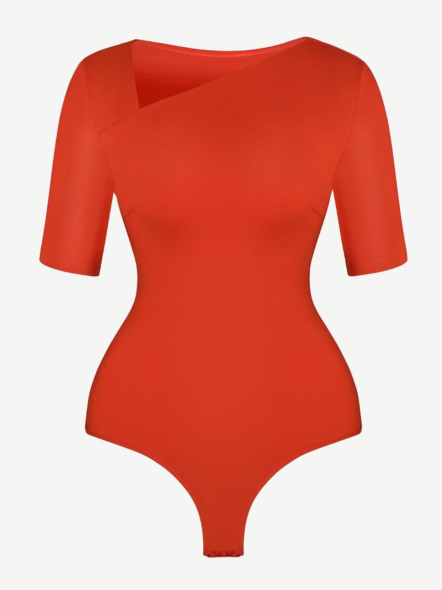 Tank Top Tight Thong Bodysuit With A Slant Cut Collar And Half Sleeves